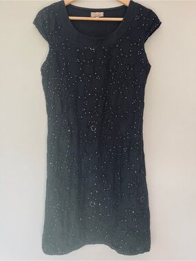 Lina Tomei Made in Italy Black Linen Embroidered Sequin Dress Pockets Small